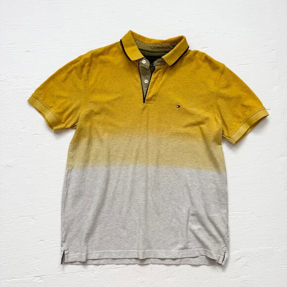 Tommy Hilfiger Ombre Polo Shirt Yellow Gray Cotton Custom Fit, Size Large - Picture 1 of 6